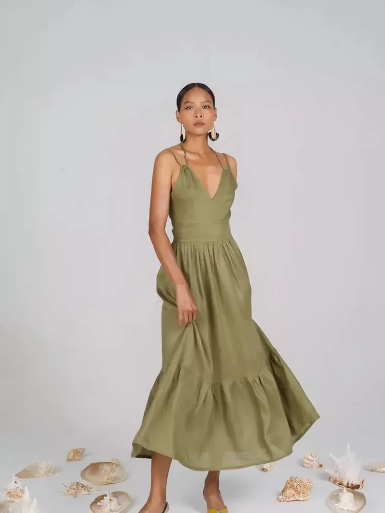 Kuo „Lady Deep V-Neck Long Casual Linen“ suknelė ypatinga?