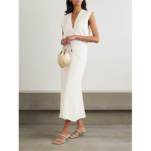 Pritaikyta dramblio kaulo spalvos berankove Deep V midi suknelė